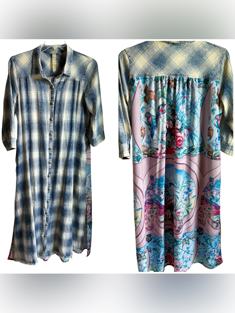 Aratta Silent Journey Plaid Button Front Dress with Sheer Floral Back Duster
